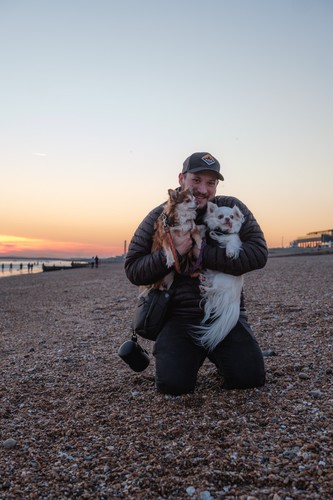 Chris with Gizmo and Kola on Brighton beach