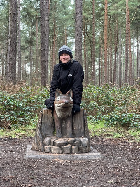 Suze with the fox Gruffalo trail sculpture at Sherwood Pines