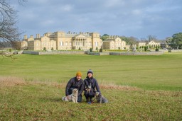 Our 2022 photo with the girls outside Holkham Hall - one of our annual traditions at our Norfolk house sit!