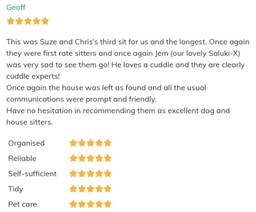 One of our most recent five star reviews on our Trusted Housesitters profile