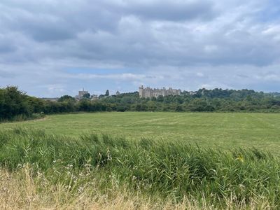 View to Arundel Cathedral on the left, and Arundel Castle on the right, from River Arun footpath