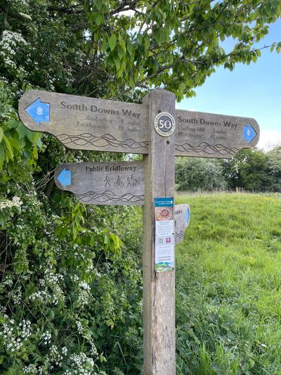 Official signposts for the South Downs Way guide you along the route - at this point near Bignor Hill you are over halfway through the South Downs Way!