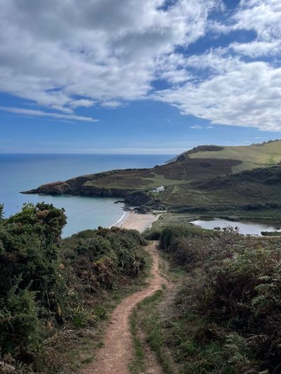 Looking back over Man Sands - note the winding path down and steep climb up this side - these characteristics make up the entire route!